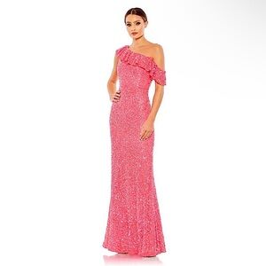NWT Mac Duggal Sequined Drop Shoulder Trumpet Gown In Color Watermelon Pink 14